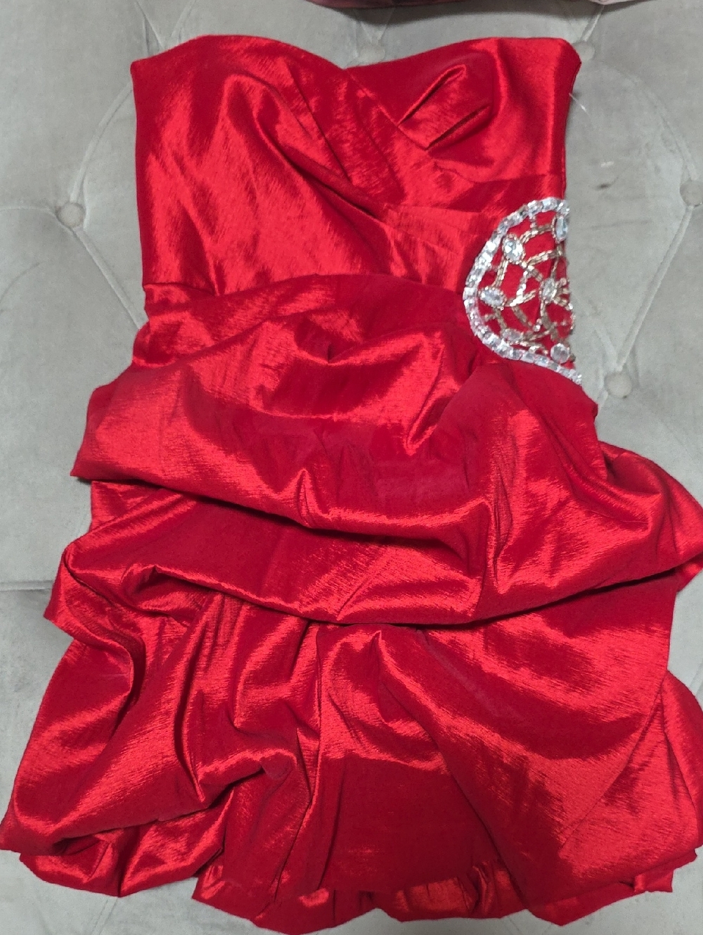 Teeze Me Red Strapless Satin Party Dress with Side Crystal Detail